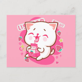 Cartão Postal Gato Kawaii Gato Japonês Leite De Morango