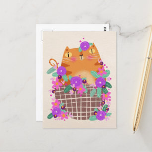 Cartão Postal Gato laranja & flores