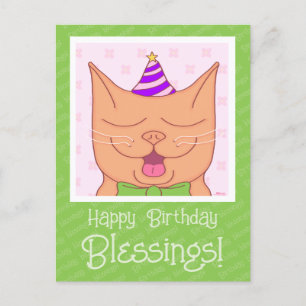Cartão Postal Gato Laranja Fofo Com Chapéu de Aniversário Bênção