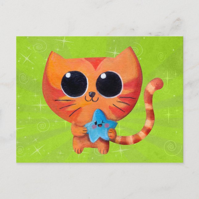 Cartão Postal Gato Laranja Fofo com Estrela (Frente)