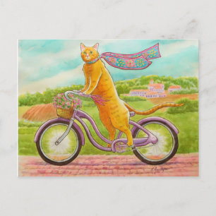 Cartão Postal Gato Laranja numa Bicicleta Roxa
