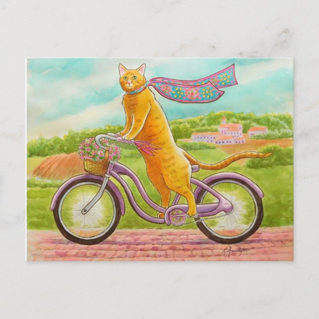 Cartão Postal Gato Laranja numa Bicicleta Roxa (Frente)