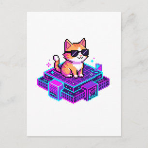 Cartão Postal Gato Legal com Óculos de Sol em Pixel Art Fofa