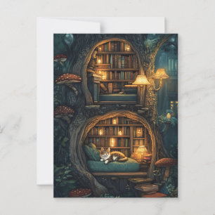 Cartão Postal Gato Louco em uma Biblioteca do Armazém de Magia