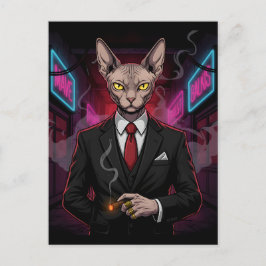 Cartão Postal Gato Mafia Sphynx em Estilo Neon Noir