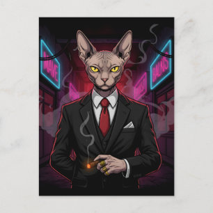 Cartão Postal Gato Mafia Sphynx em Estilo Neon Noir
