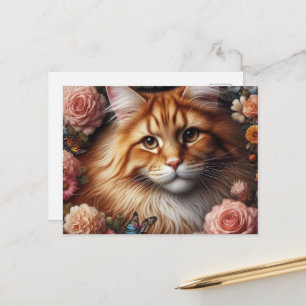 Cartão Postal Gato Maine Coon com Flores Cor-de-Rosa
