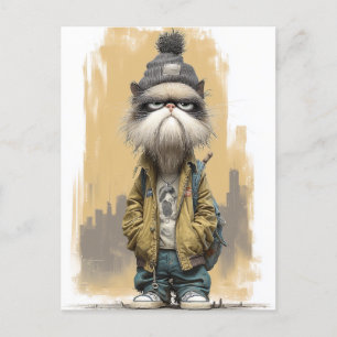 Cartão Postal Gato Mal-Humorado em Streetwear