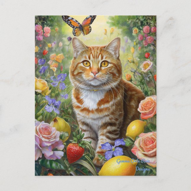 Cartão Postal Gato malhado com flores cartão-postal (Frente)