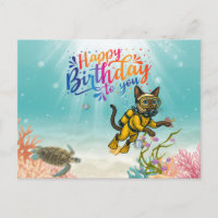 Gato mergulhador Feliz Aniversário sob o mar