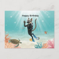 Gato mergulhador feliz aniversário sob o mar