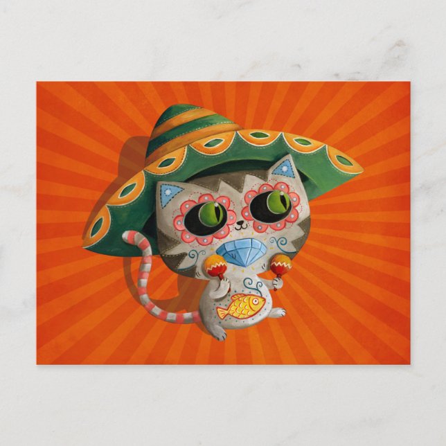 Cartão Postal Gato Mexicano com Sombrero (Frente)