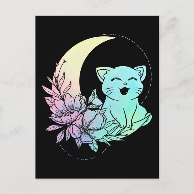 Cartão Postal Gato Místico Lua Crescente Pastel Goth Wicca (Frente)
