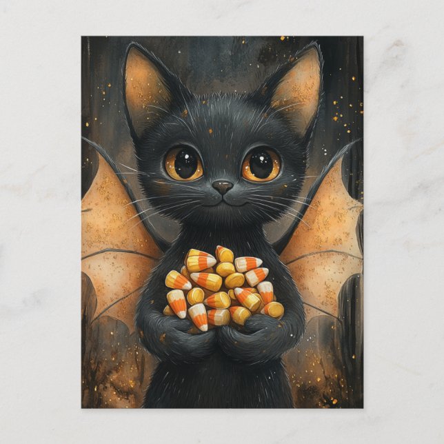 Cartão Postal Gato Morcego de Halloween Com Doce (Frente)
