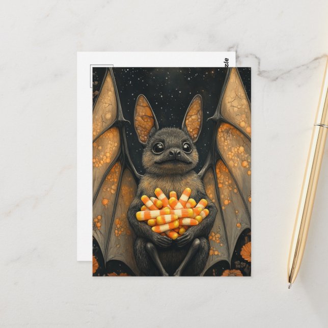 Cartão Postal Gato Morcego Fofo de Halloween Com Doces de Hallow (Frente/Verso In Situ)