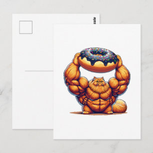 Cartão Postal Gato Musculoso Levantando Donut