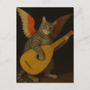 Cartão Postal Gato Músico Alado Tocando Alaúde Arte