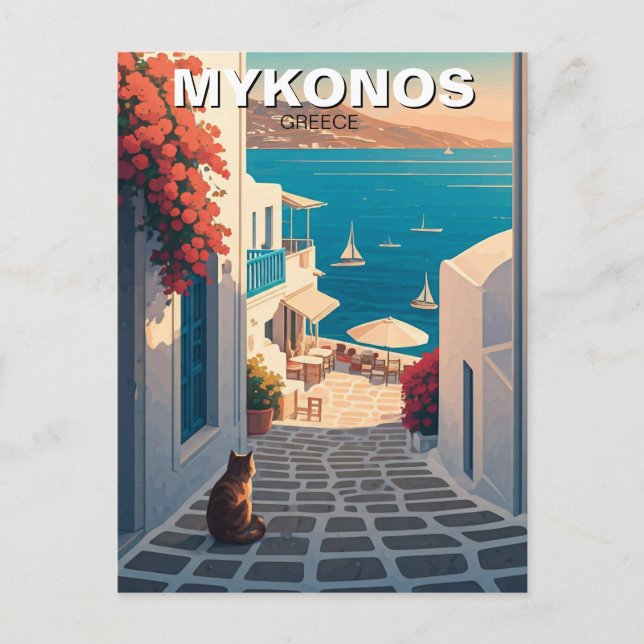 Cartão Postal Gato na Grécia Mykonos Cyclades Viagem Sunset (Frente)