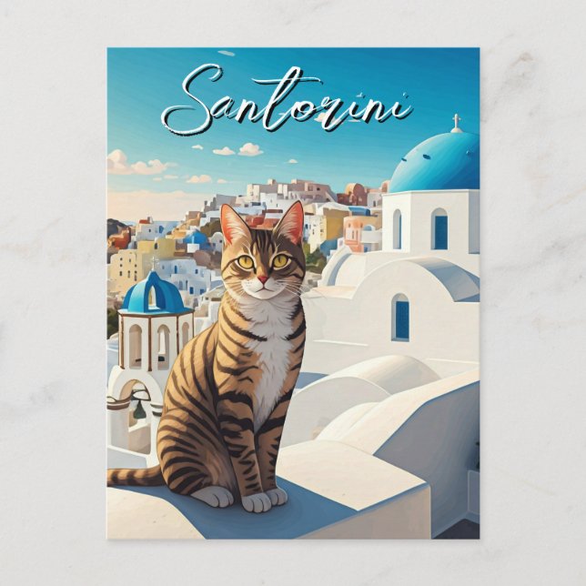 Cartão Postal Gato na Grécia Santorini, Cíclades Viagem (Frente)