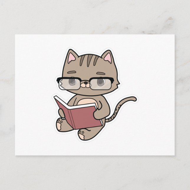 Cartão Postal Gato na Leitura com Livro (Frente)