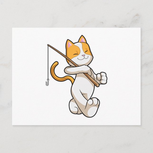 Cartão Postal Gato na pesca com vara de pesca (Frente)