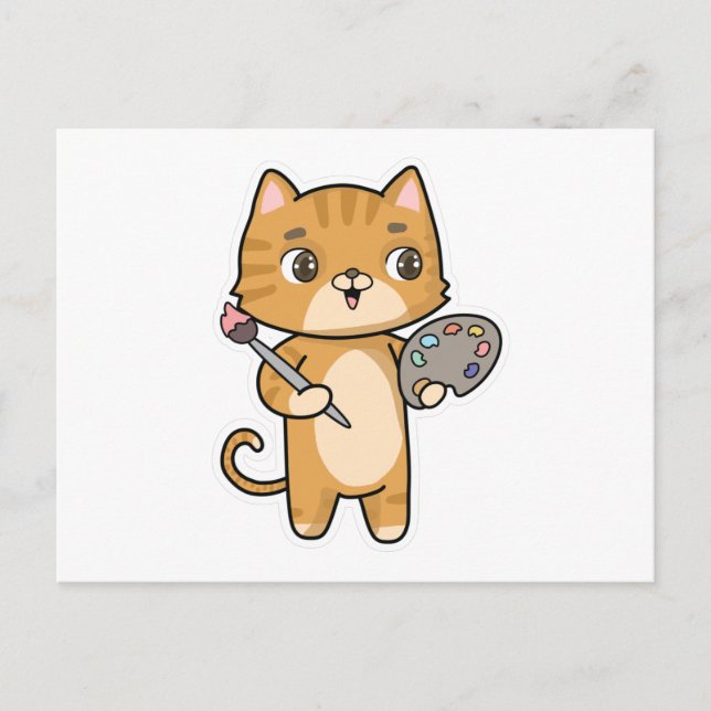 Cartão Postal Gato na pintura com cor e pincel (Frente)
