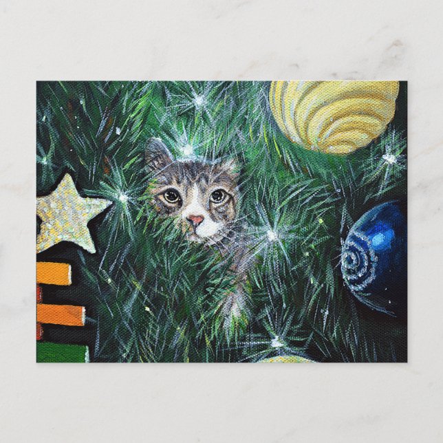 Cartão Postal Gato na pintura da árvore de Natal (Frente)