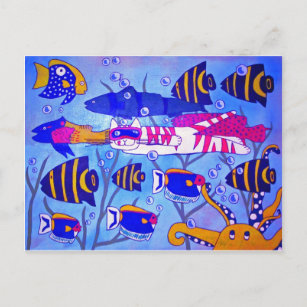 Cartão Postal Gato Nadando com Peixe