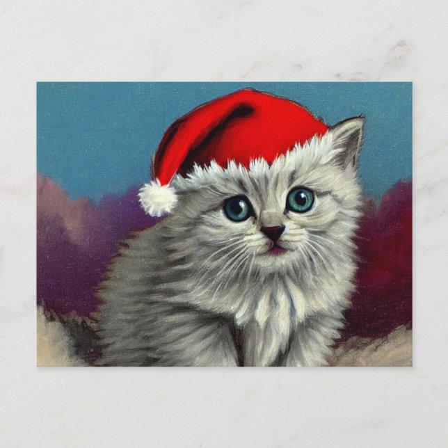 Cartão Postal Gato natal vintage em Santa Hat (Frente)