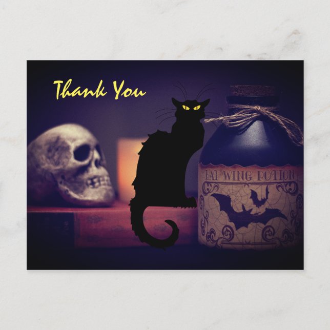Cartão Postal Gato Negro Assustador e Halloween Crânio Obrigado (Frente)