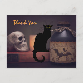 Cartão Postal Gato Negro Assustador e Halloween Crânio Obrigado