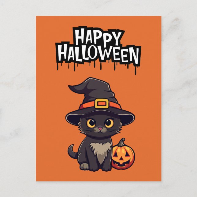 Cartão Postal Gato Negro Bonito Com Pumpkin Jack O Lanterna (Frente)