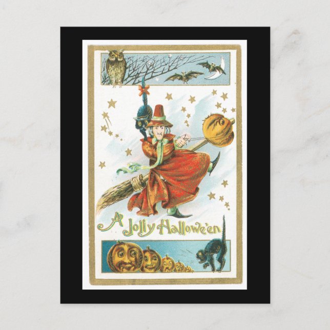 Cartão Postal Gato Negro, Bruxa e Coruja do Halloween (Frente)