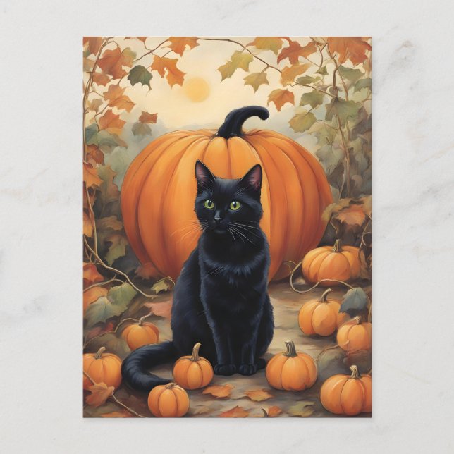 Cartão Postal Gato Negro com Abóbora de Halloween (Frente)