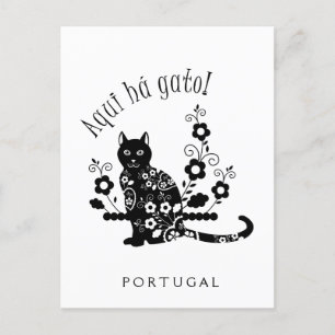 Cartão Postal Gato negro com flores e expressão portuguesa