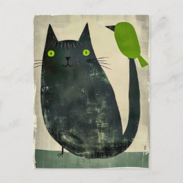 Cartão Postal Gato Negro com Pássaro Verde na Cauda