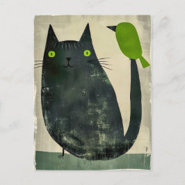 Cartão Postal Gato Negro com Pássaro Verde na Cauda