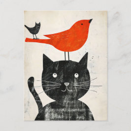 Cartão Postal Gato Negro com Pássaro Vermelho e Criatura Híbrida