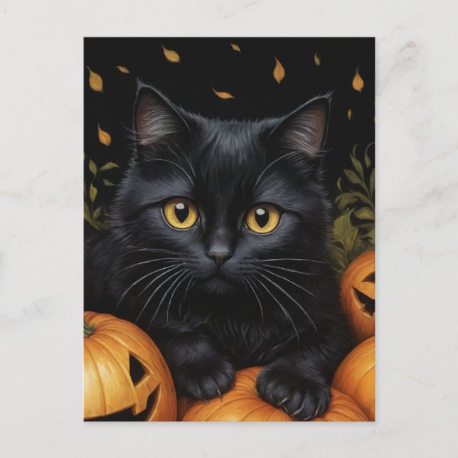 Cartão Postal Gato Negro de Halloween (Frente)