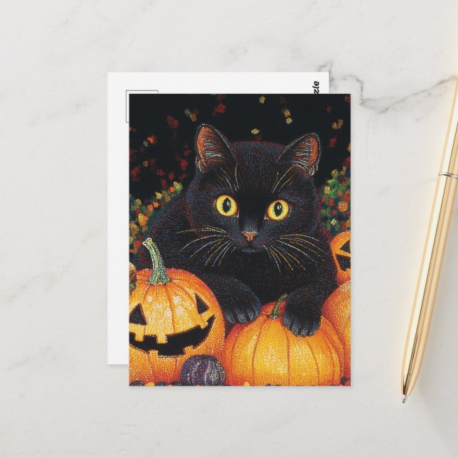 Cartão Postal Gato Negro de Halloween (Frente/Verso In Situ)