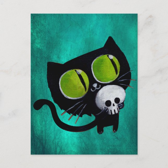 Cartão Postal Gato Negro de Halloween com crânio (Frente)