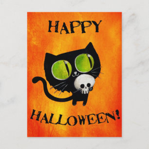 Cartão Postal Gato Negro de Halloween com crânio