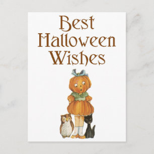 Cartão Postal Gato Negro de Halloween, Garota de Abóbora e Coru