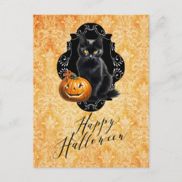 Cartão Postal Gato Negro e Abóbora do Halloween