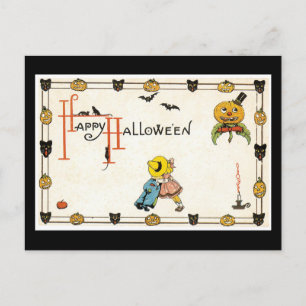 Cartão Postal Gato Negro e Abóbora do Halloween