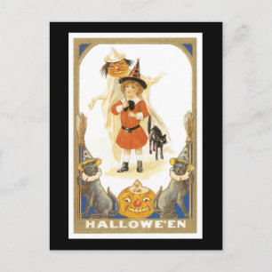 Cartão Postal Gato Negro e Bruxa do Halloween