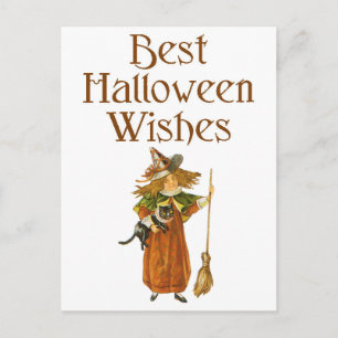 Cartão Postal Gato Negro e Bruxa do Halloween