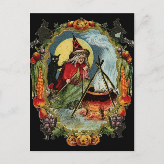 Cartão Postal Gato Negro e Bruxa do Halloween (Frente)