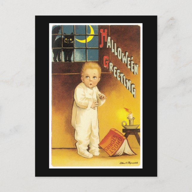 Cartão Postal Gato Negro e Filho do Halloween (Frente)