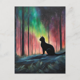 Cartão Postal Gato Negro e Luzes Nortes